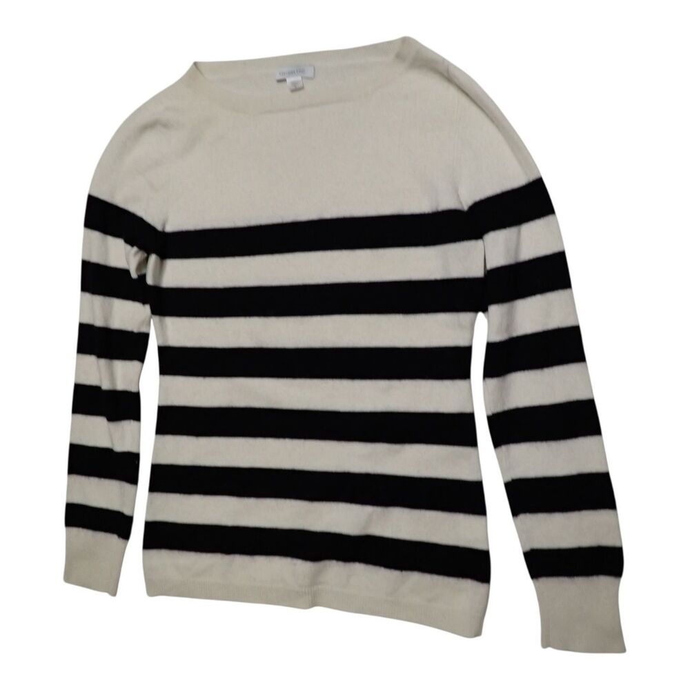 Garnet Hill Sweater Womens S Cashmere Black White Striped Crew Neck Pullover